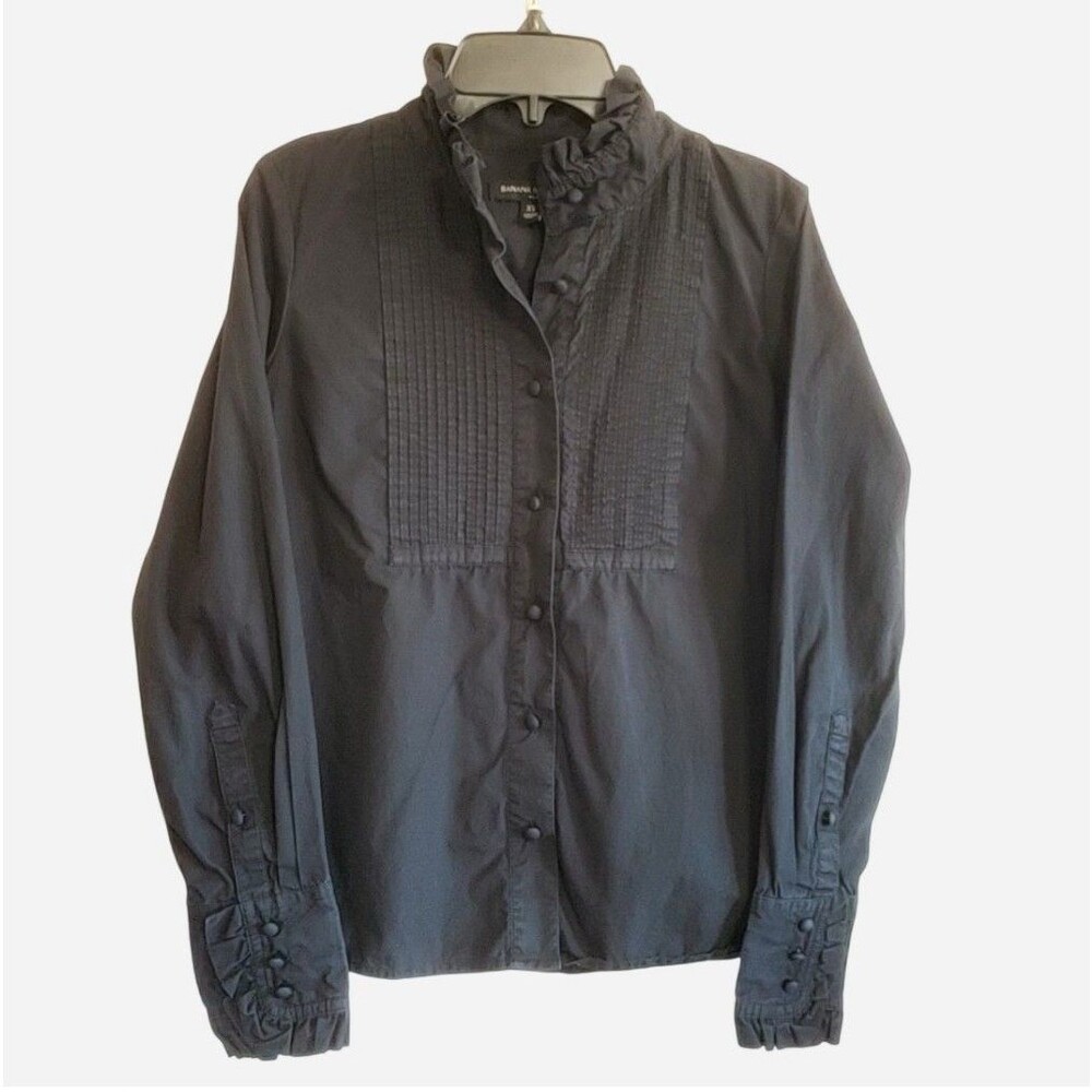 Banana Republic Black Pleated Ruffle Neck Button Up Top Y2k Goth Victorian XS